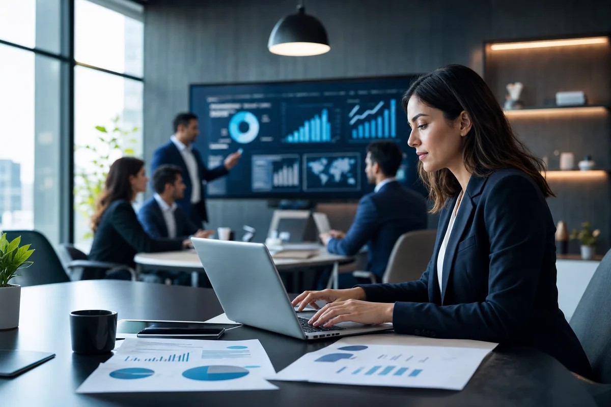 Woman working at a laptop while colleagues review a chart-filled wall display behind her