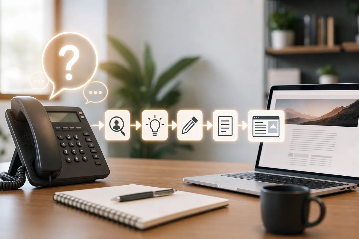 Desk phone with a question-mark speech bubble, icon arrows leading to a laptop webpage