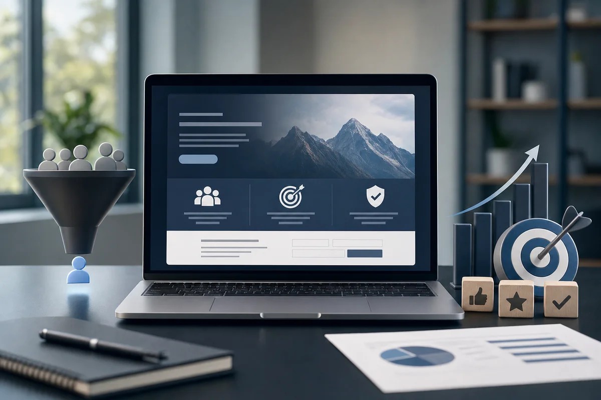 Laptop showing a landing page mockup between a lead funnel and a rising bar chart