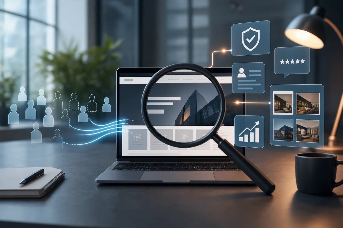 Magnifying glass over a laptop webpage surrounded by trust badge, review and photo panels