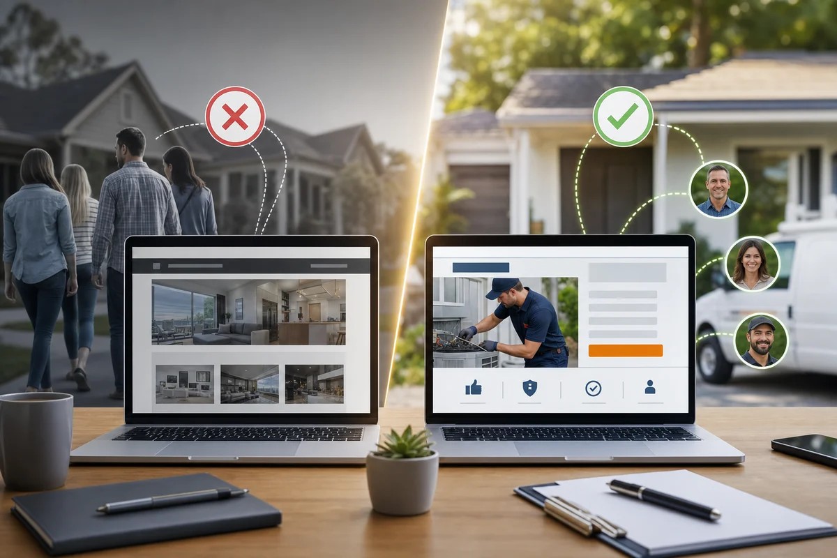 Two laptops compared: grey homepage marked with a red X, service page with a green check