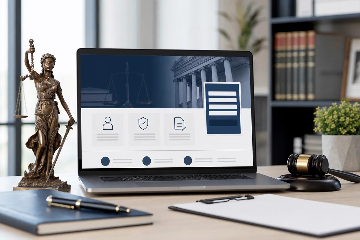 Laptop showing a law firm webpage beside a Lady Justice statue and a gavel