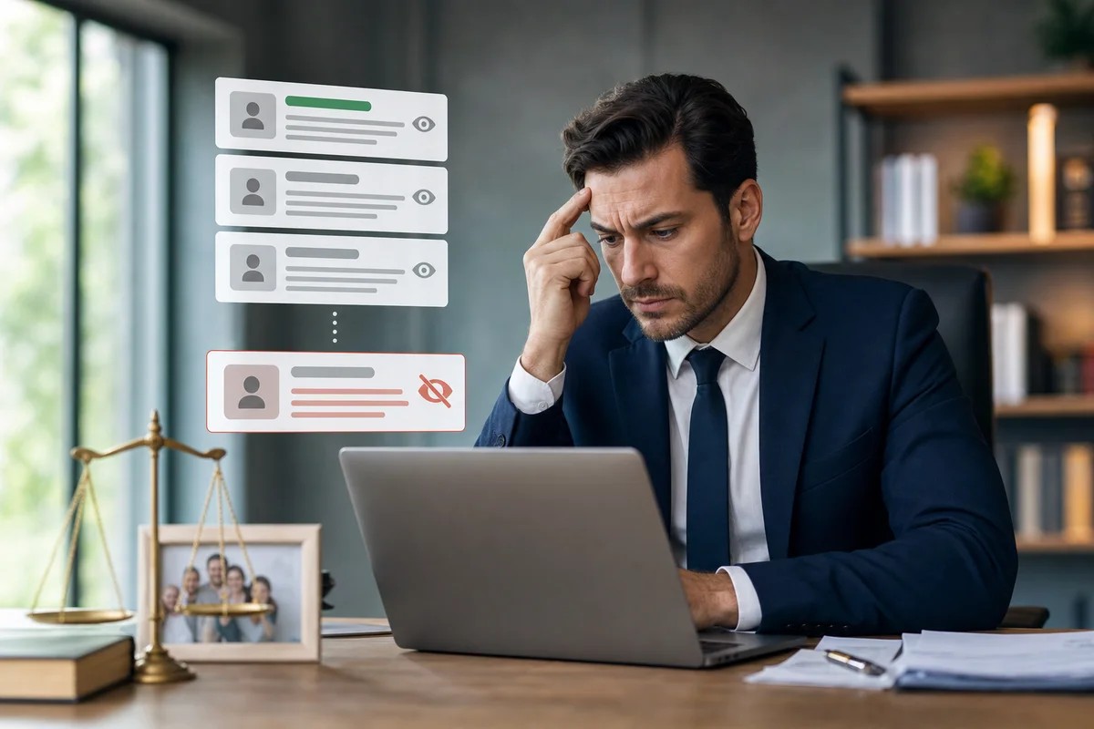 Worried man in a suit at a laptop below stacked contact cards, the lowest one crossed out
