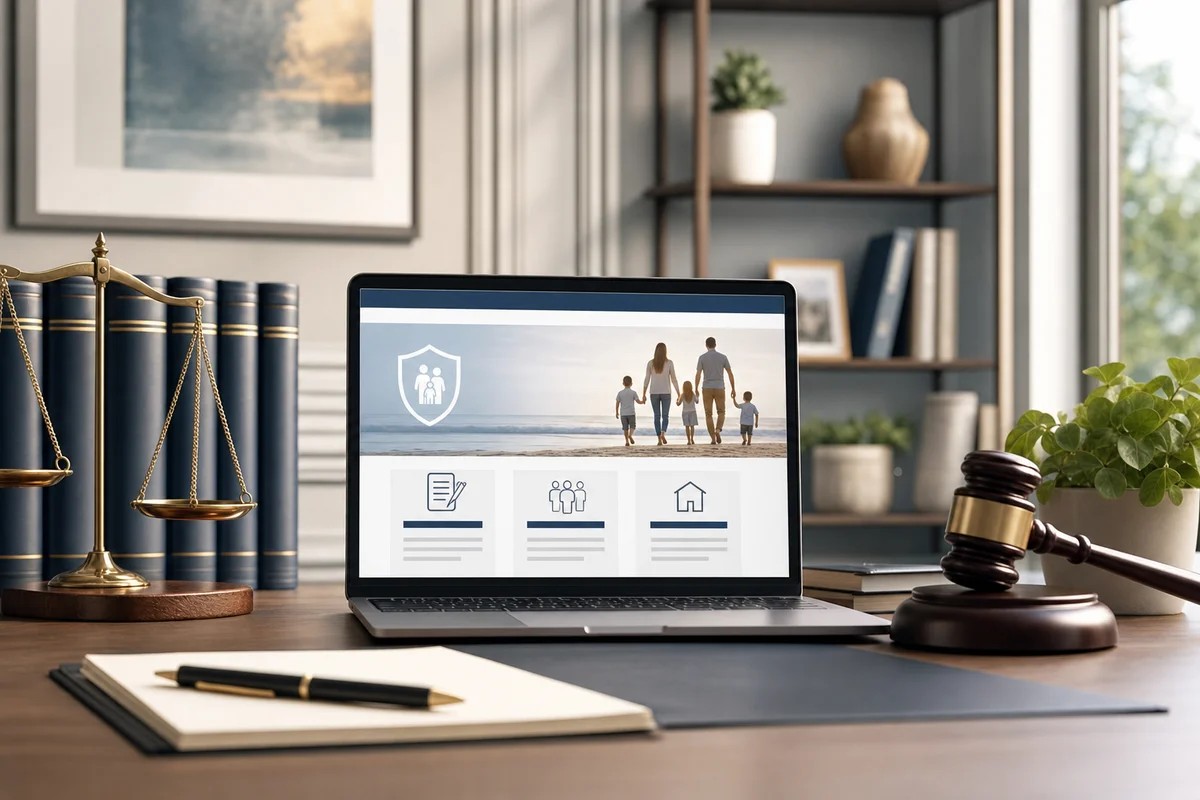 Laptop showing a webpage of a family walking on a beach, brass scales and gavel nearby