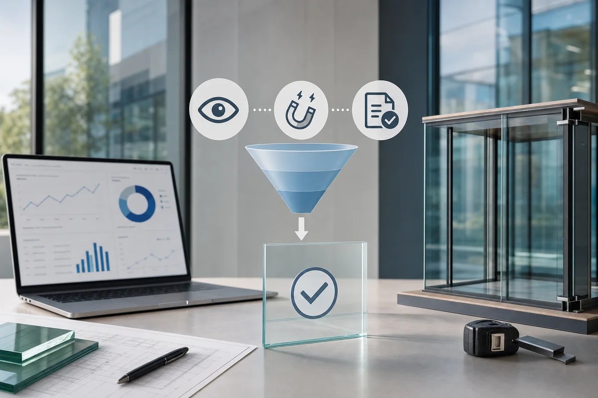 Glass panel stamped with a checkmark under a funnel, laptop analytics and a glass door unit