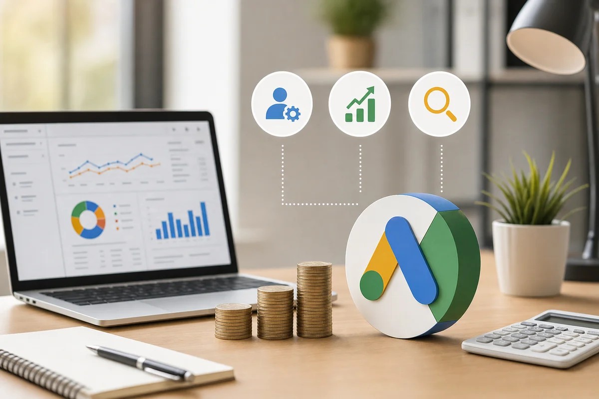 Google Ads logo on a desk with rising coin stacks, a calculator and an analytics laptop
