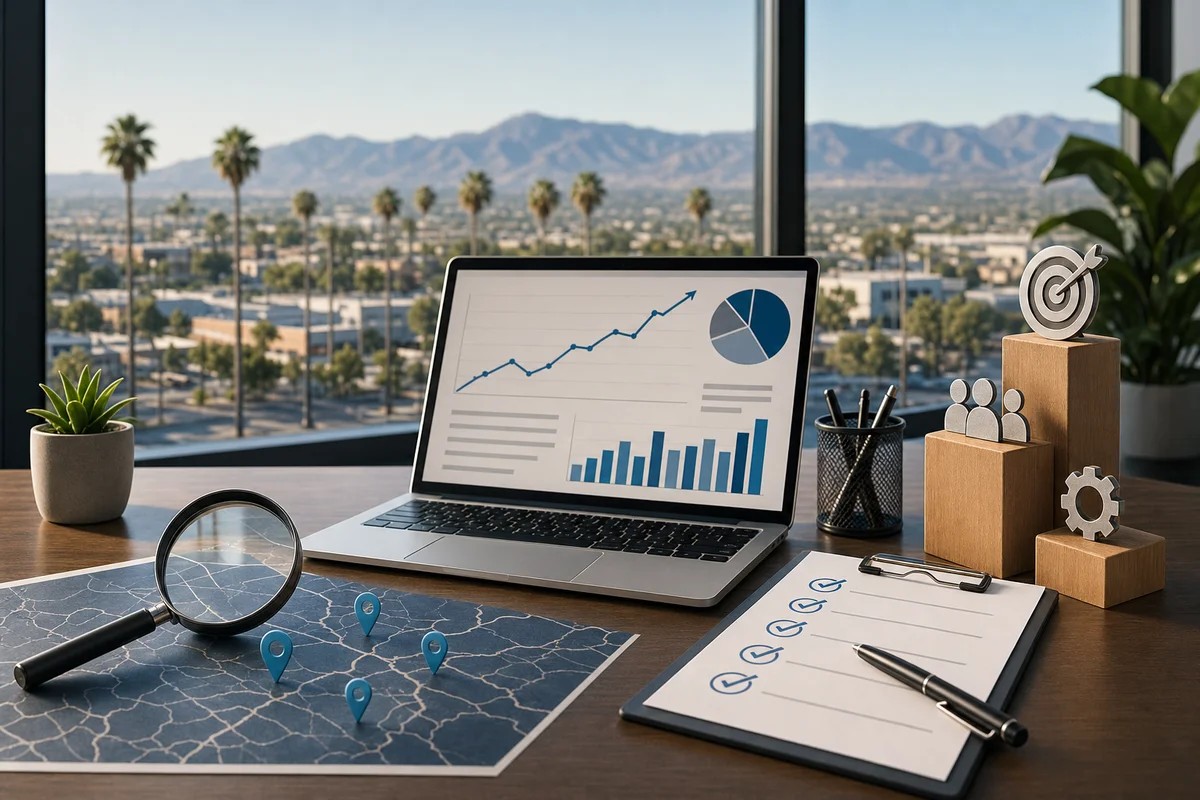Laptop charts on a desk overlooking palm trees and mountains, with a pinned map and checklist