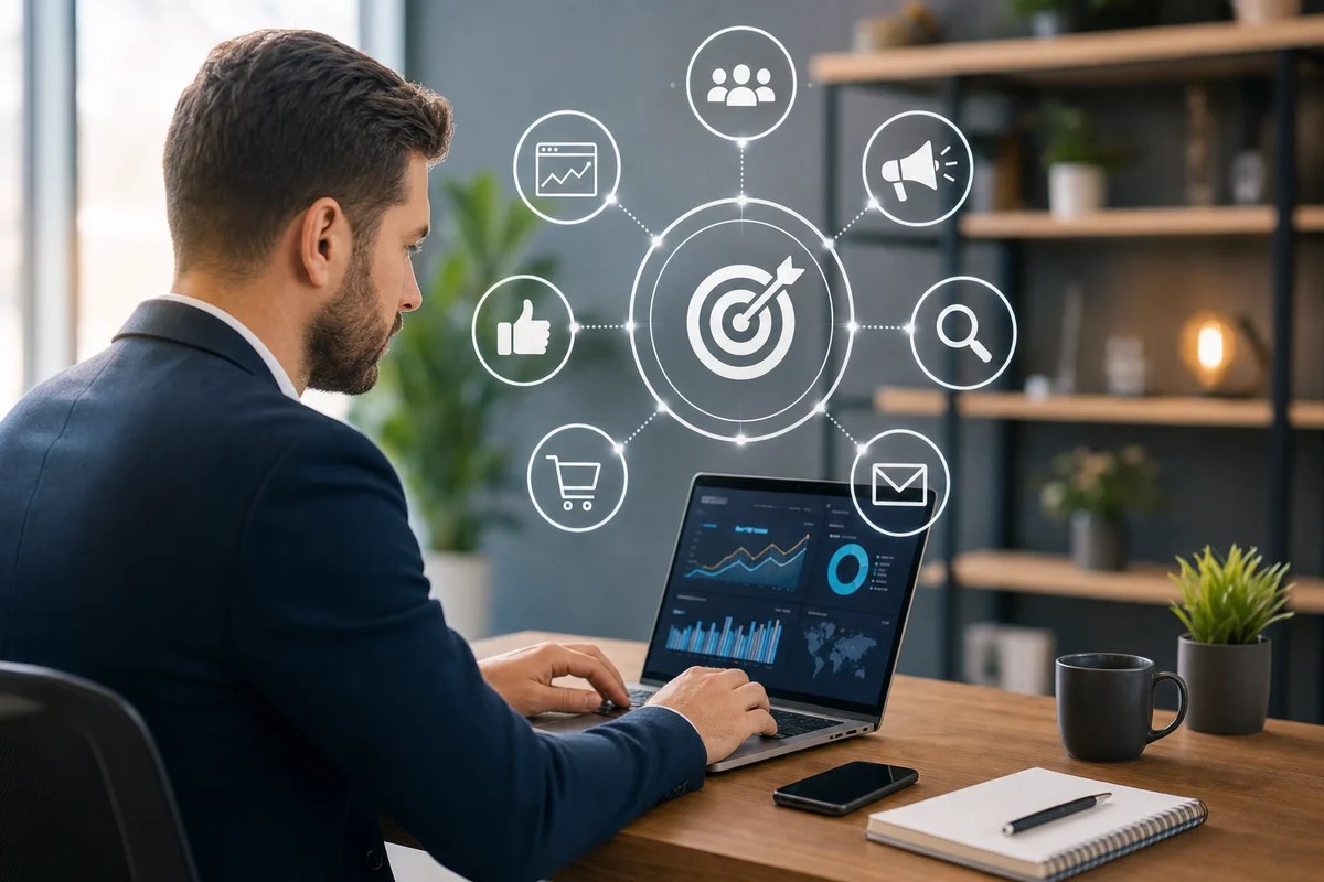 Man at a laptop surrounded by a ring of marketing icons circling a target