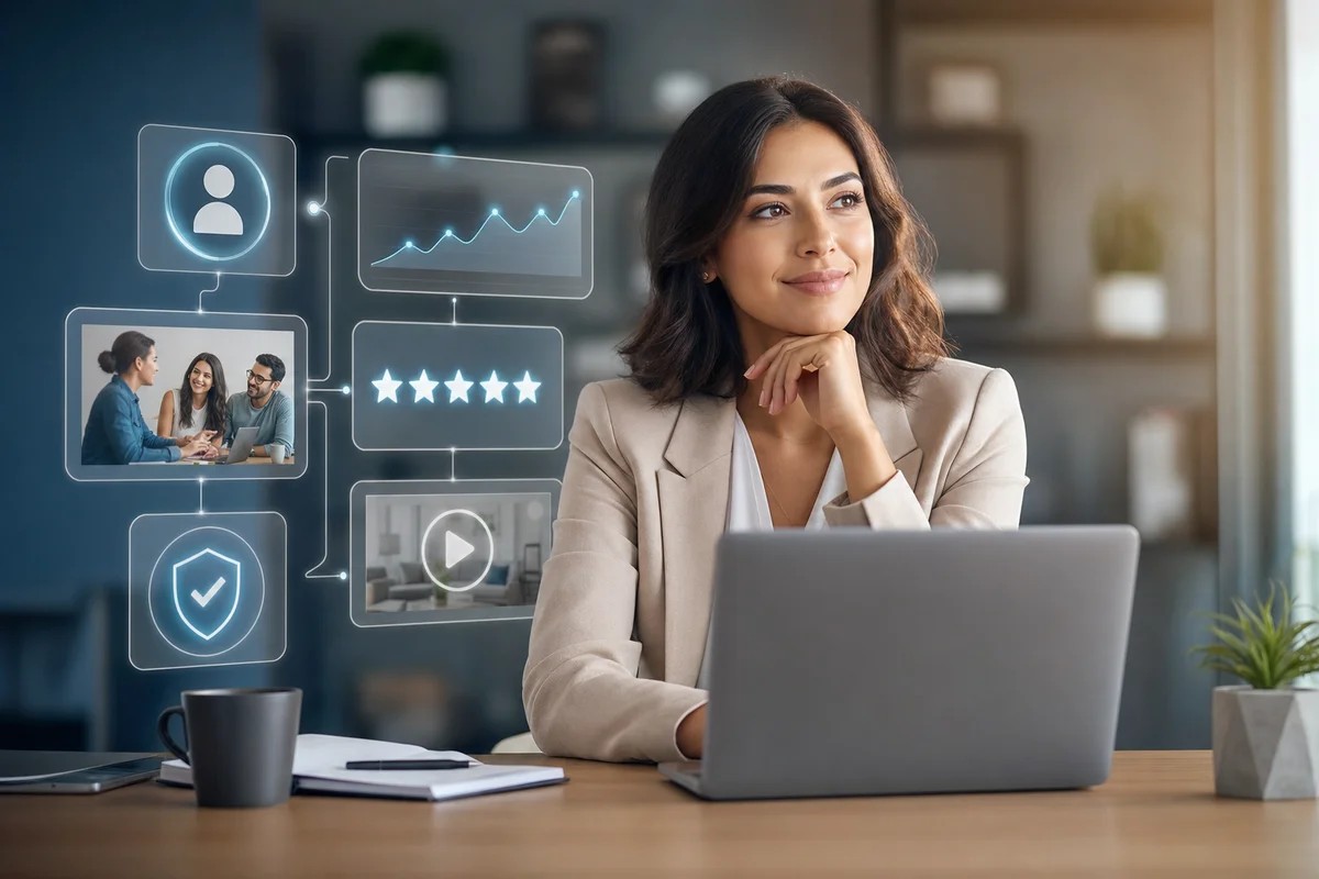 Woman at a laptop beside floating panels of five stars, a video clip and a verified badge
