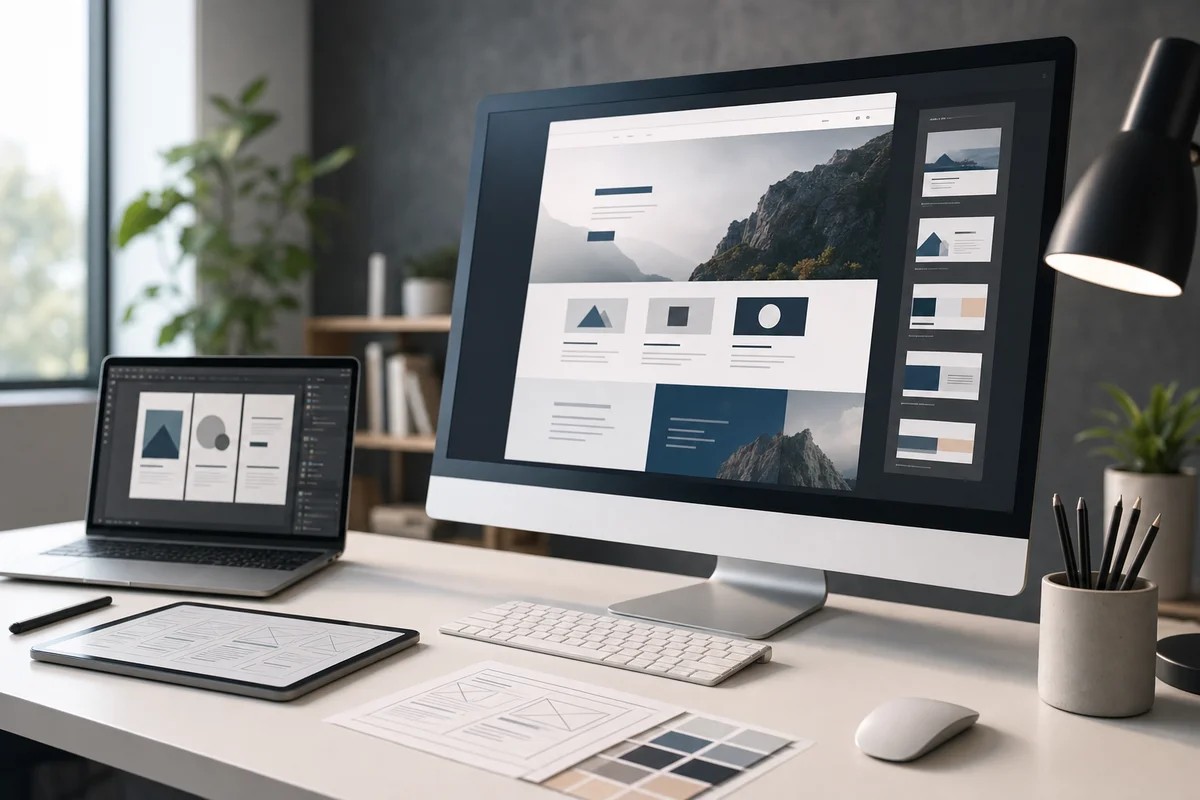 Monitor showing a webpage layout beside a laptop, tablet wireframes and paper colour swatches