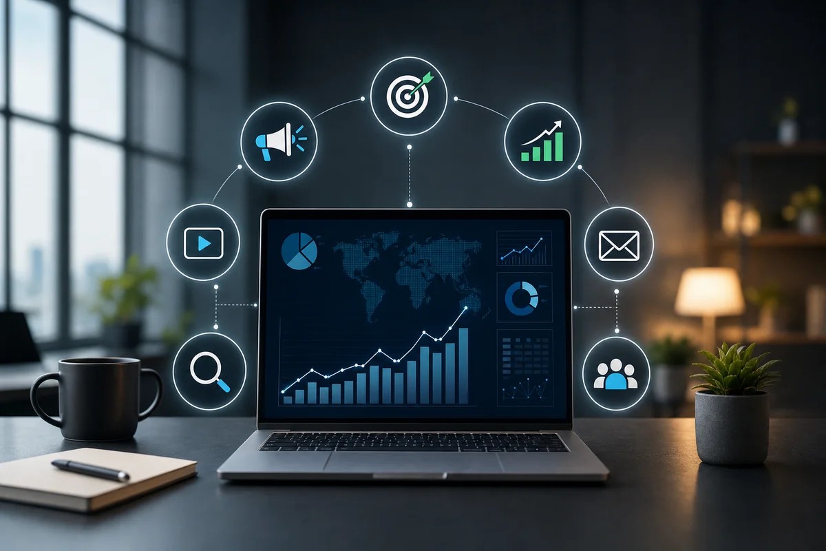 Laptop dashboard of world map and charts under an arc of marketing icons